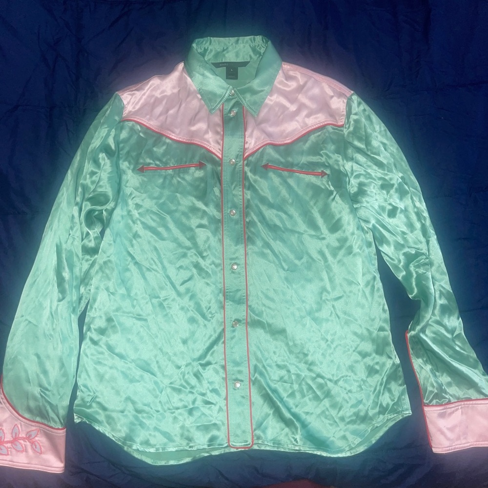 Rare Marc Jacobs Green/Pink Silk Pearl Button-Up Shirt Mens - Size Large